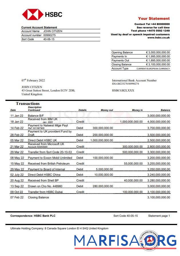 Downloadable United Kingdom HSBC bank statement word version 2 real example